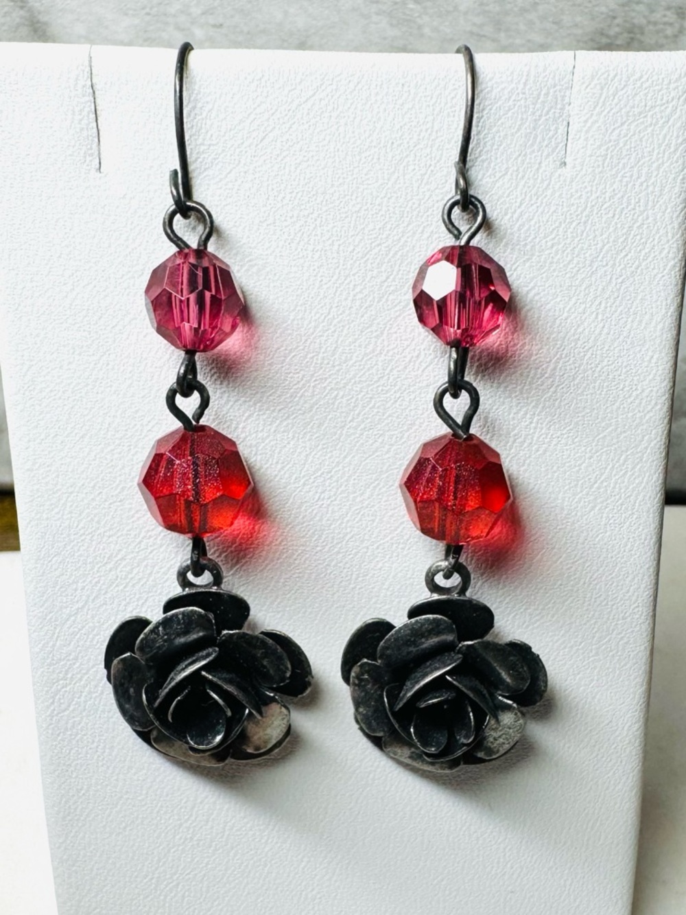 Handmade Black Rose & Red Faceted Bead Dangle Earrings Gothic Romantic Floral